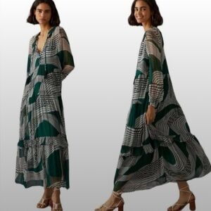 Anthropologie Marais Printed Tiered Maxi Sheer Tassel Dress Size XS